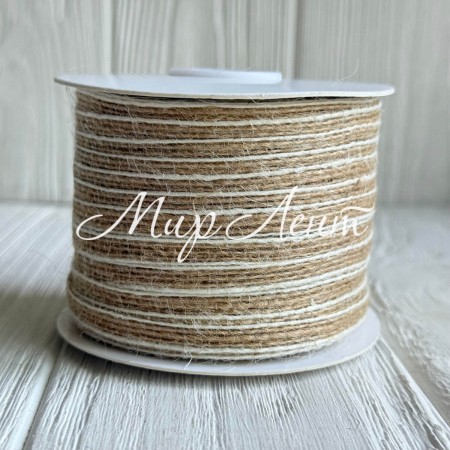 Тесьма-мешковина, 0,6 см, натуральная с белым, рулон 50 м