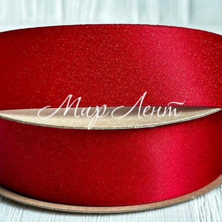 Лента атласная двусторонняя с золотым напылением, 2,5 см, красный, рулон 18 м