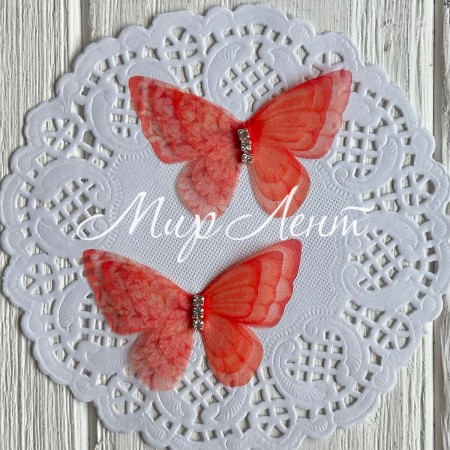 Шифоновая бабочка трехслойная со стразами (двосторонняя), 5,4х4,2 см, красно-коралловая, упаковка 25 шт.