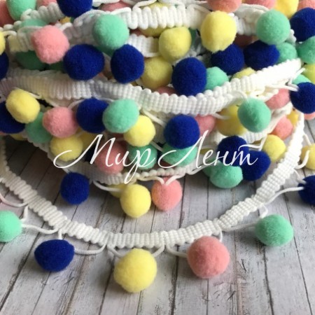 Тесьма с помпонами (big), 1,5 см, светло-розовый-тифанни-нежно-желтый, моток 28 ярдов