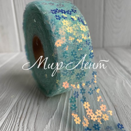 Лента из фатина з паетками, 4 см, мятный, рулон 23 м