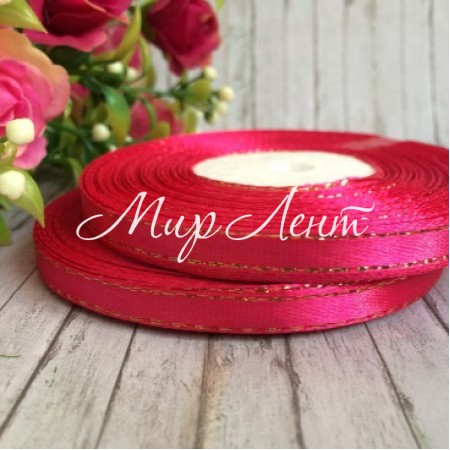 Атлас 0,6 см люрекс золото, малиновый, рулон 33 м