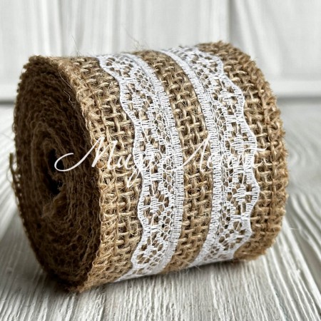 Стрічка-мішковина з мереживом (хвилька), 5 см, натуральна з білим, рулон 2 ярда