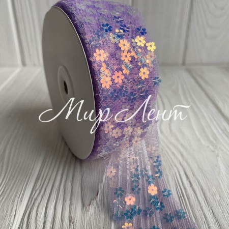 Лента из фатина з паетками, 4 см, лавандовый, рулон 23 м