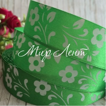 Атлас цветок-листик, 2,5 см, зеленый, рулон 45 м