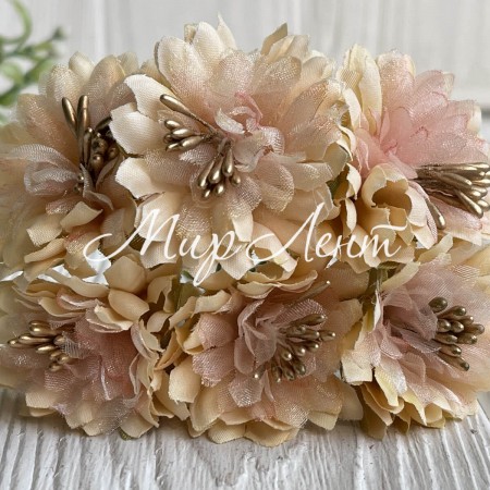 Хризантема тканевая с фатином, 4 см, молочно-персиковая, упаковка 48 шт.