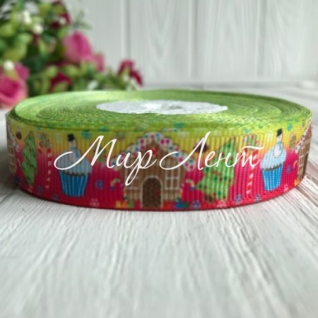 Репс 1,5 см, капкейк-домик-елочка на салатово-малиновом, рулон 23 м