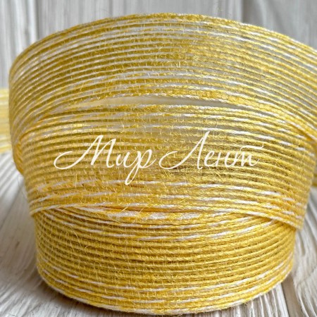 Лента мешковина леска (с белой ниткой), 2,5 см, желтая, рулон 9 м