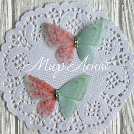 Шифоновая бабочка трехслойная со стразами (двосторонняя), 5,4х4,2 см, кораллово-зеленая, упаковка 25 шт.