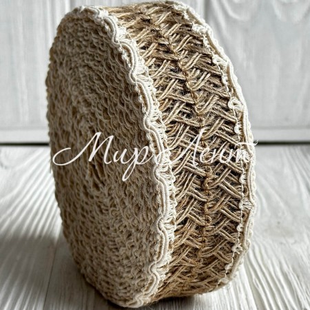 Лента-мешковина (зигзаги), 4 см, натуральный с белым кантом, рулон 10 м