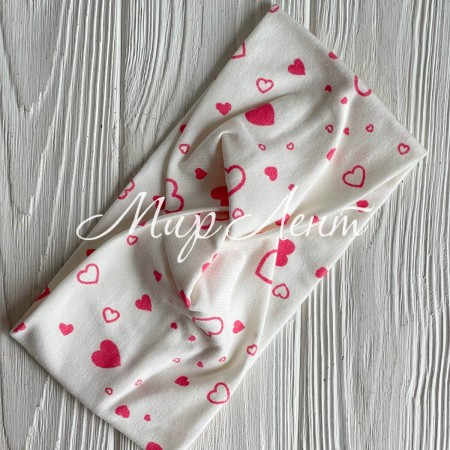 Повязка турецкий трикотаж, 21х10 см, белая с малиновыми сердечками, шт. 