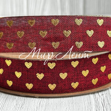 Лента мешковина с золотым сердечком, 2,5 см, бордовая, рулон 9 м