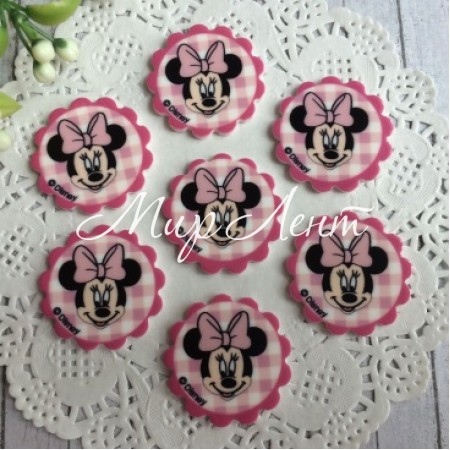Кабошон круглый, Минни с бантом, 2,6 см, розовая клетка, упаковка 25 шт.
