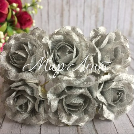 Роза тканевая с блеском, 3,5 см, серебро, упаковка 36 шт.