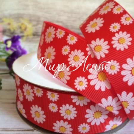 Репс 2,5 см, ромашка, червоний, рулон 23 м