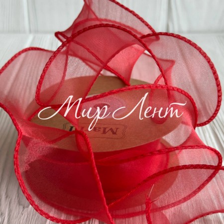 Лента-волна с органзы (D30332), 4 см, красная, рулон 9 м