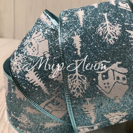 Новогодняя лента блеск с домиком, 6,3 см, светло-бирюзовая, рулон 23 м