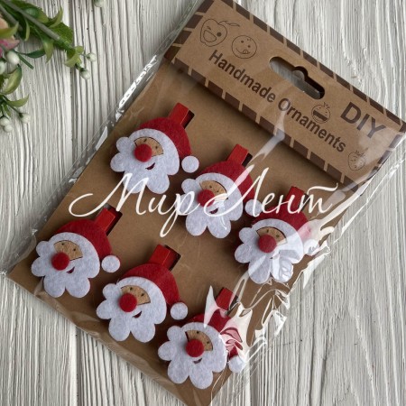 Прищепка новогодняя, 4,7х3,5 см, фетровый Санта, упаковка 6 шт.