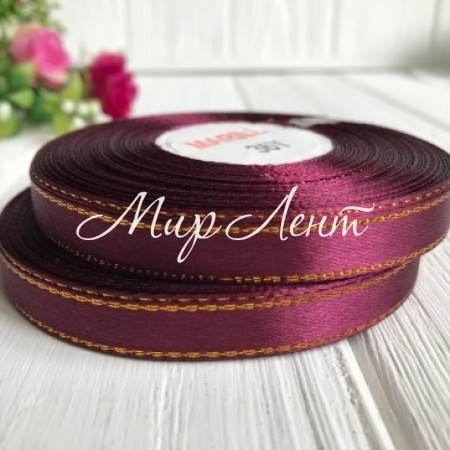 Атлас 0,9 см люрекс золото, вишневий, рулон 33 м