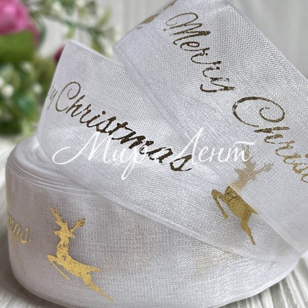 Органза 2,5 см, Merry Christmas з оленем, білий, рулон 23 м