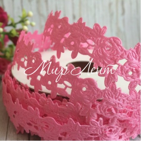 Кружевная лента розочка с листиком, 2,5 см, ярко-розовый, рулон 17,5 м