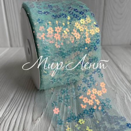 Лента из фатина з паетками, 7,5 см, мятный, рулон 23 м