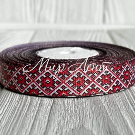 Репс 1,5 см, орнамент ромб на красном , рулон 23 м