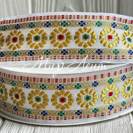 Стрічка з вишивкою (D19836), 3,3 см, біло-золота, рулон 23 м