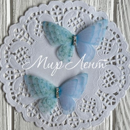 Шифоновая бабочка трехслойная со стразами (двосторонняя), 5,4х4,2 см, бирюзово-голубая, упаковка 25 шт.