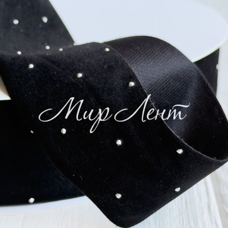 Лента велюр со стразами, 6 см, черная, рулон 45 м