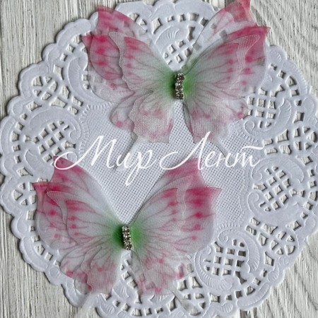 Шифоновая бабочка трехслойная со стразами (хамелеон), 6х5,5 см, малиново-светло-зеленая, упаковка 25 шт.
