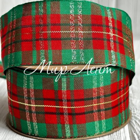 Лента шотландка, 4 см, красно-ярко-зеленая, рулон 18,5 м