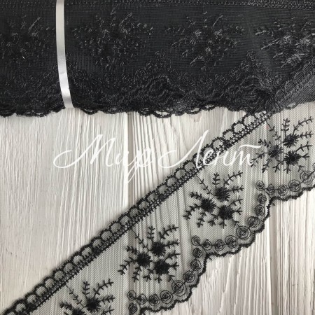 Кружево органзовое Розали, 6,5 см, черный, рулон 9 м