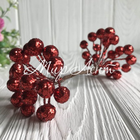 Ягідки з блискітками, 12 мм, червоні, упаковка 400 шт.