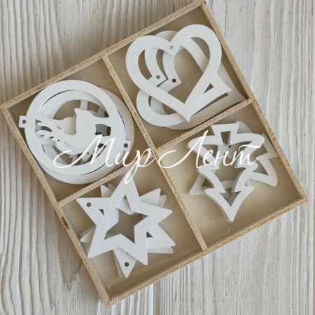 Набор деревянных звездочек и сердечек (L01130), 5 см, белые, упаковка 12 шт.