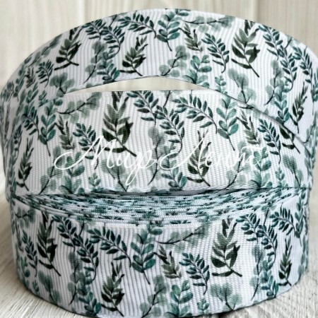 Репс 2,5 см, оливковые веточки на белом, рулон 23 м