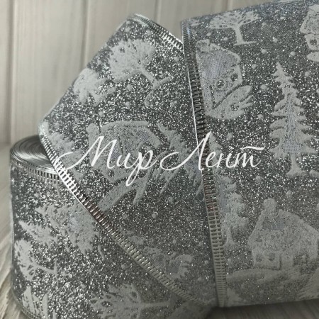 Новогодняя лента блеск с домиком, 6,3 см, серебро, рулон 23 м