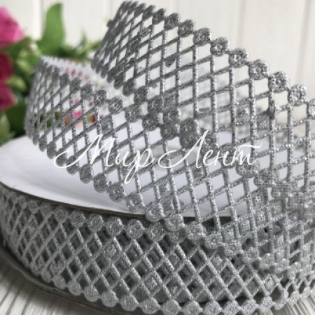 Кружевная лента сеточка, 2 см, серебро, рулон  20 м