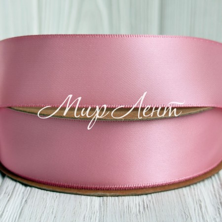 Двостороння атласна стрічка New (преміум), 2,5 см, рожево-пудрова, рулон 23 м