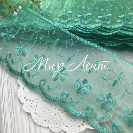 Кружево органзовое Беатрис, 8 см, морская волна, рулон 13,5 м