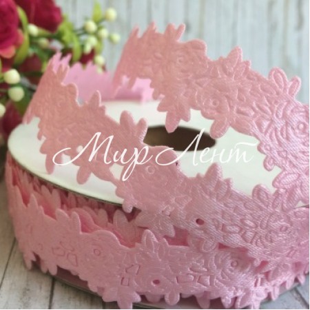 Кружевная лента розочка с листиком, 2,5 см, светло-розовый, рулон 17,5 м