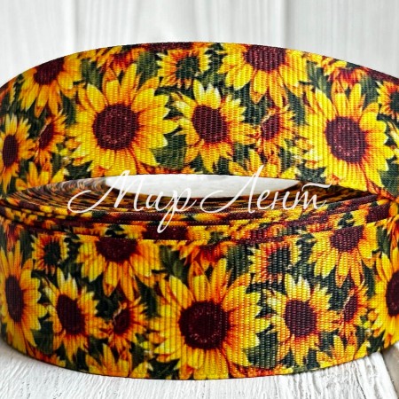 Репс 2,5 см, желтые подсолнухи, на зеленом фоне, рулон 23 м