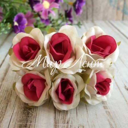 Роза тканевая, 2 см, бело-малиновый, упаковка 10 пучков