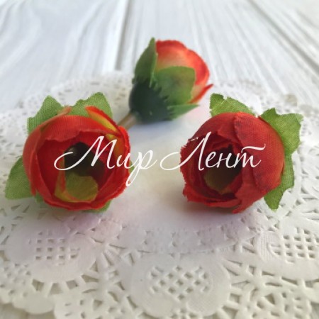 Бутон розы тканевый (с листиком), 2,5 см, красно-салатовый, упаковка 200 шт.