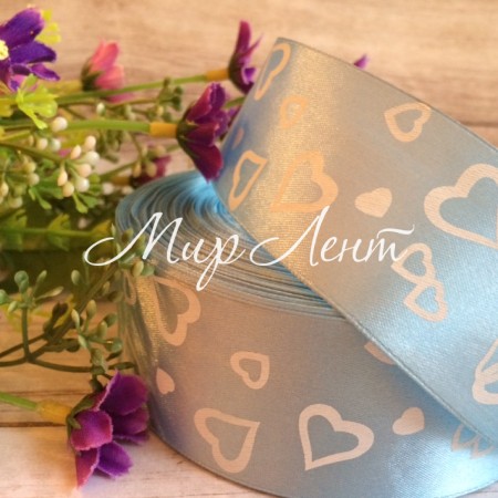 Атлас 4 см, сердечка маленькие, голубой, рулон 45 м