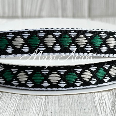 Стрічка з вишивкою (D19818), 1,8 см, чорно-біло-зелена, рулон 23 м