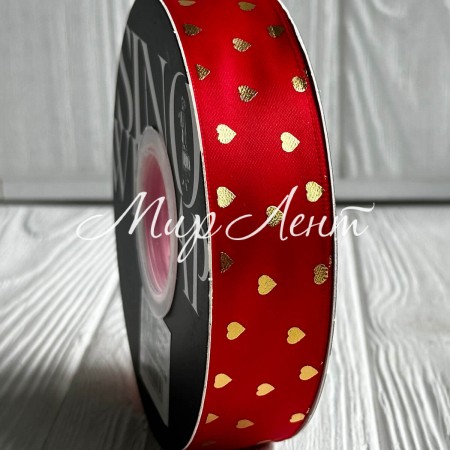 Лента атласная в золотое сердечко, 2,5 см, красная, рулон 30 м