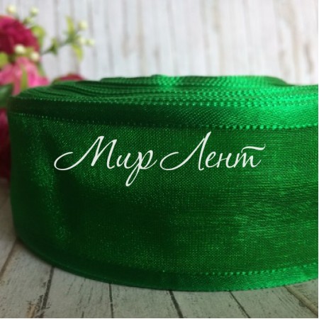 Органза с атласным кантом, 4 см, зеленый, рулон 45 м