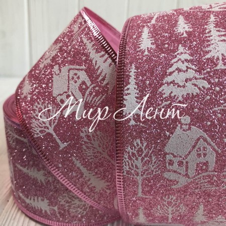 Новогодняя лента блеск с домиком, 6,3 см, розовая, рулон 23 м