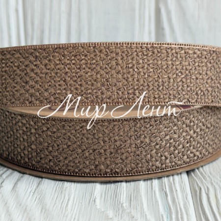 Лента мешковина с плетением (D30339), 2,5 см, кофейная, рулон 9 м